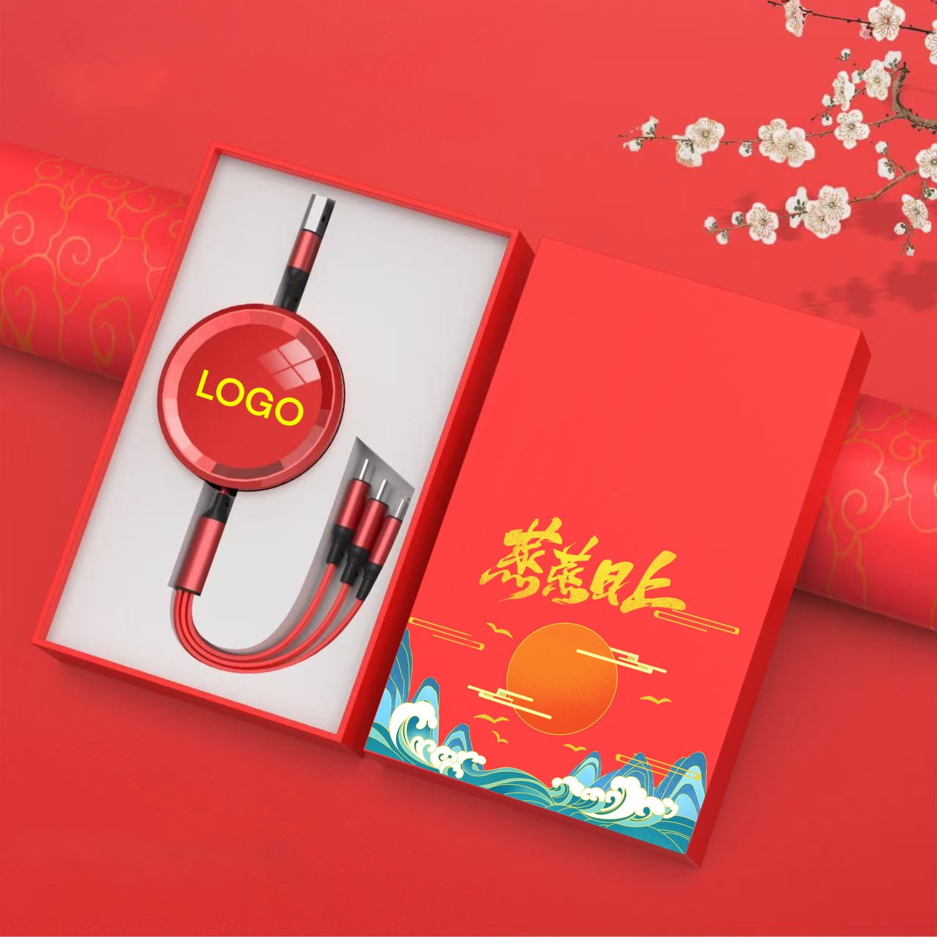 รับผลิต giftset สายชาร์จ3in1 พร้อมกล่อง รับสกรีนโลโก้สายชาร์ต ยืดได้ หดได้ พกพาสะดวก สายชาร์จ3หัว 
