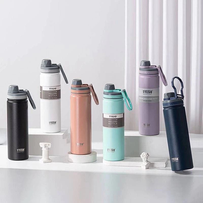 TYESO กระบอกน้ำเก็บอุณหภูมิ มีหูหิ้ว มี 5 สี ขนาด 530/750 ml สแตนเลส 304 ขวดน้ำเก็บความเย็น ขวดน้ำพกพา
