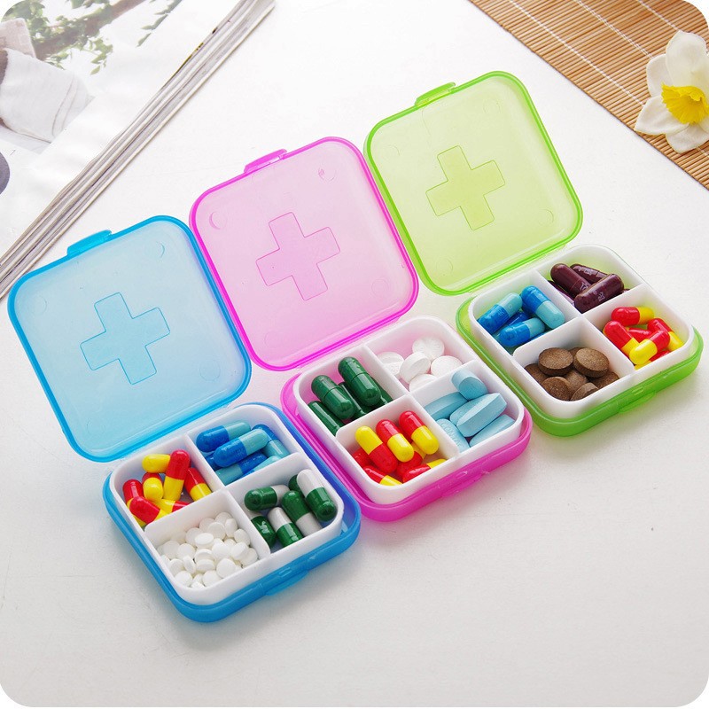 กล่องเก็บยา วิตามิน ป้องกันความชื้น แบบพกพา 4 ช่อง รับสกรีน รับผลิตตลับใส่ยา กล่องตลับ ใส่ยา กล่องยา ตลับยา แบบพกพา