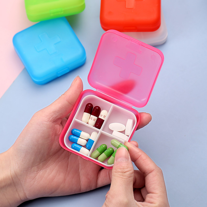 กล่องเก็บยา วิตามิน ป้องกันความชื้น แบบพกพา 4 ช่อง รับสกรีน รับผลิตตลับใส่ยา กล่องตลับ ใส่ยา กล่องยา ตลับยา แบบพกพา