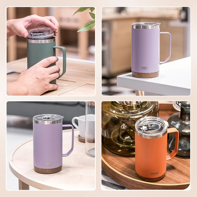 TYESO แก้วน้ำเก็บอุณหภูมิ มีหูจับ ฐานไม้โอ๊คเคลือบเงา แก้วกาแฟ แก้วเก็บความร้อน