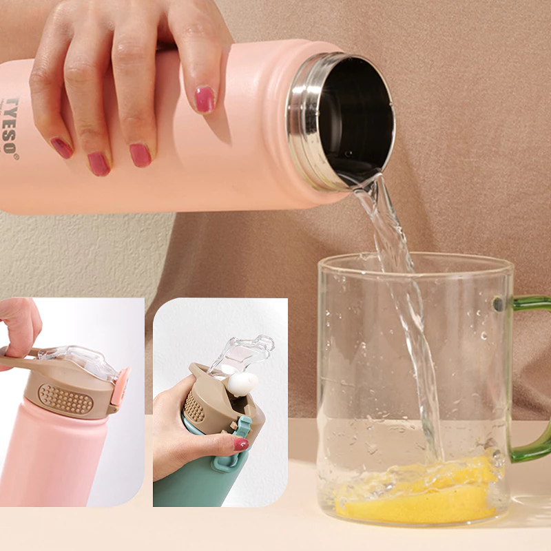TYESO ขวดน้ำสแตนเลสแบบพกพา ฉนวนสุญญากาศ พร้อมหลอด ขนาด 530 ml 750 ml ขวดน้ำกีฬา แก้วเก็บอุณหภูมิ