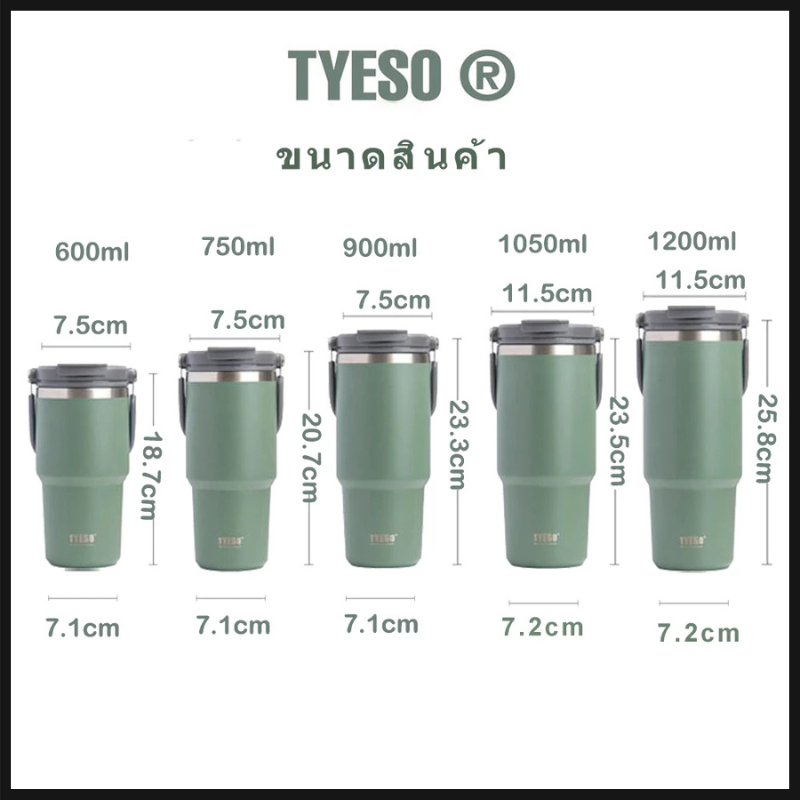 TYESO แก้วเก็บอุณหภูมิ มีหูหิ้ว มี 9 สี 5 ขนาด แก้วเก็บความร้อน แก้วสแตนเลส