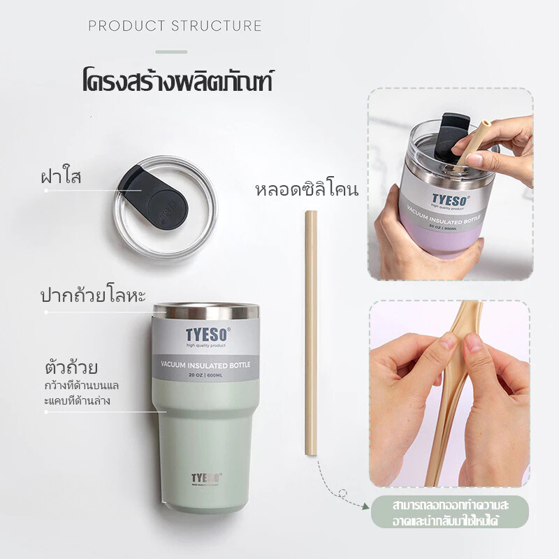 TYESO แก้วเก็บอุณหภูมิ สแตนเลส 304 เก็บความร้อนเย็น ขนาด 20 oz เหมาะมือ น้ำหนักเบา