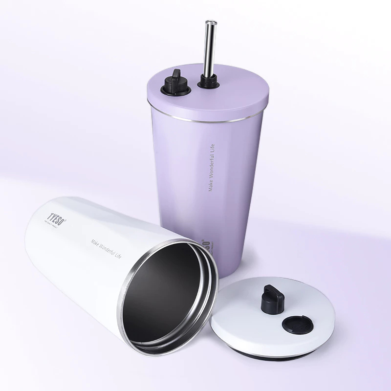 TYESO แก้วเก็บอุณหภูมิ รุ่นใหม่ล่าสุด สีทูโทน พร้อมหลอด+แปรง ขนาด 600 ml แก้วกาแฟ