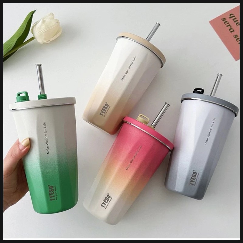TYESO แก้วเก็บอุณหภูมิ รุ่นใหม่ล่าสุด สีทูโทน พร้อมหลอด+แปรง ขนาด 600 ml แก้วกาแฟ