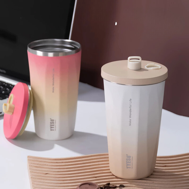 TYESO แก้วกาแฟ สเตนเลส 304 รุ่นใหม่ล่าสุด สีทูโทน พร้อมหลอด+แปรง ขนาด 600 มล. 20 oz แก้วเก็บอุณหภูมิ