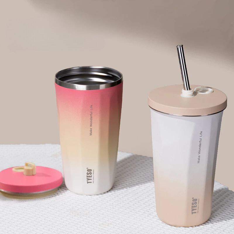 TYESO แก้วกาแฟ สเตนเลส 304 รุ่นใหม่ล่าสุด สีทูโทน พร้อมหลอด+แปรง ขนาด 600 มล. 20 oz แก้วเก็บอุณหภูมิ