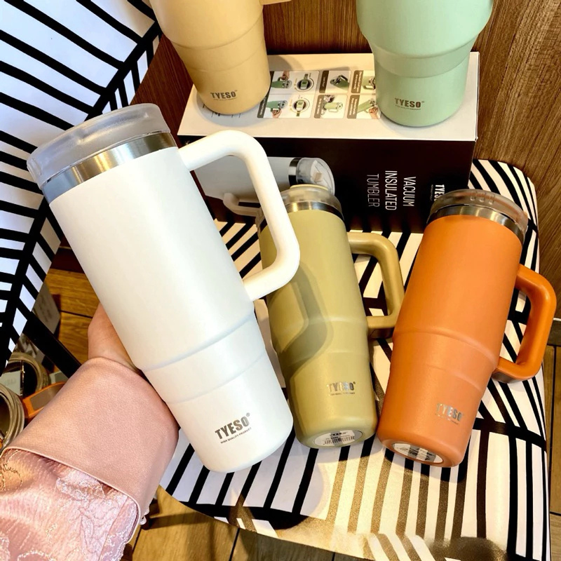 TYESO HANDLE TUMBLER แก้วน้ำสุญญากาศ เก็บความเย็นและร้อน พร้อมหูจับและหลอดดูด ขนาด 3040 oz มี 16 สี