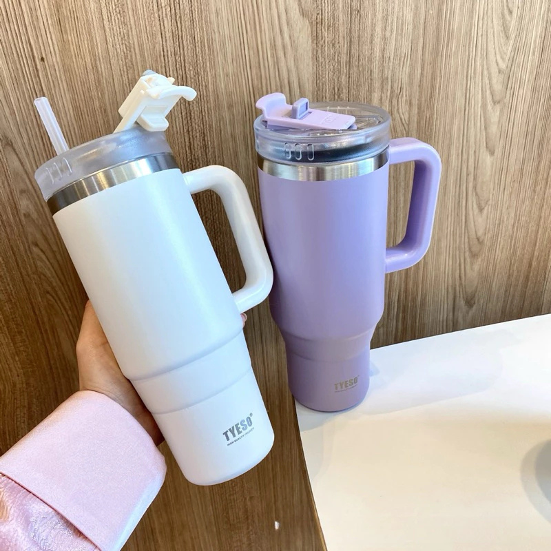 TYESO HANDLE TUMBLER แก้วน้ำสุญญากาศ เก็บความเย็นและร้อน พร้อมหูจับและหลอดดูด ขนาด 3040 oz มี 16 สี