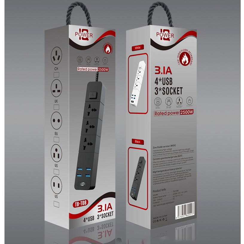 รับสกรีน ปลั๊กไฟสวิตซ์แยก มี 3ช่อง AC Socketและ ช่องชาร์จUSB 4 Port สายยาว 2เมตร กำลังสูงสุด 2500W-10Aสายไฟ วัสดุทนไฟ750องศา