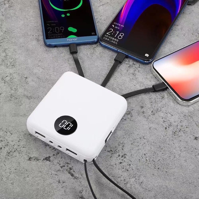 รับสกรีน powerbank แบตสำรอง ความจุ 10000 mah มีสายในตัว4ห้ว