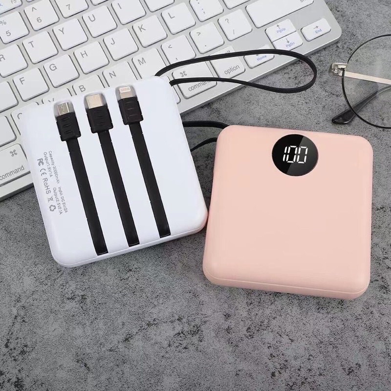 รับสกรีน powerbank แบตสำรอง ความจุ 10000 mah มีสายในตัว4ห้ว