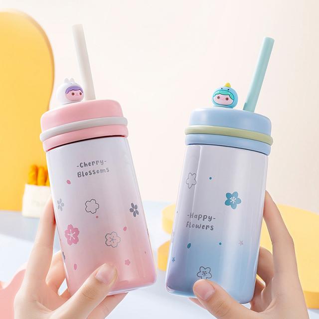 กระบอกน้ำ เก็บความร้อน-เย็น สแตนเลส 304 ขนาด350ml พร้อมหลอดซิลิโคน