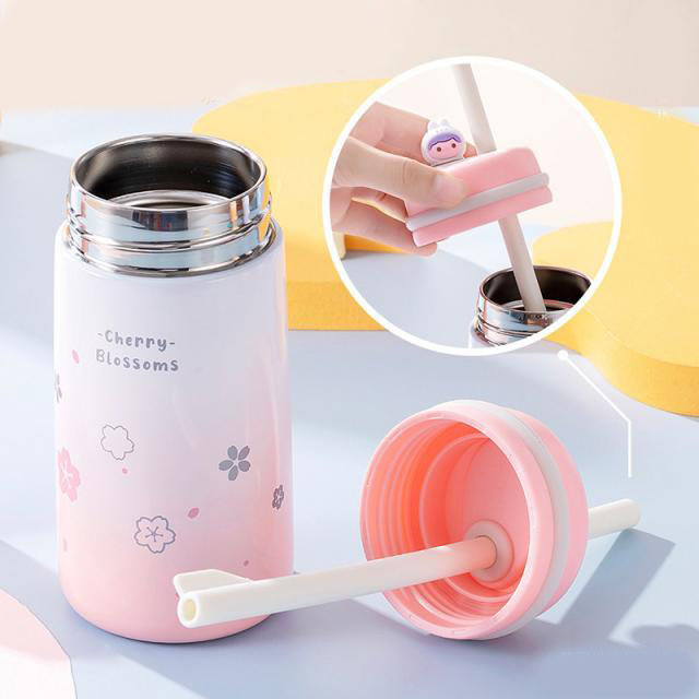 กระบอกน้ำ เก็บความร้อน-เย็น สแตนเลส 304 ขนาด350ml พร้อมหลอดซิลิโคน