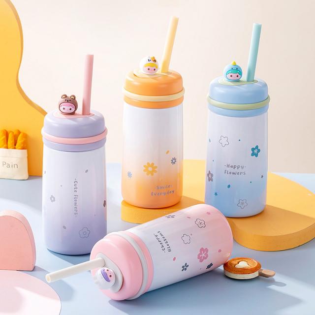 กระบอกน้ำ เก็บความร้อน-เย็น สแตนเลส 304 ขนาด350ml พร้อมหลอดซิลิโคน