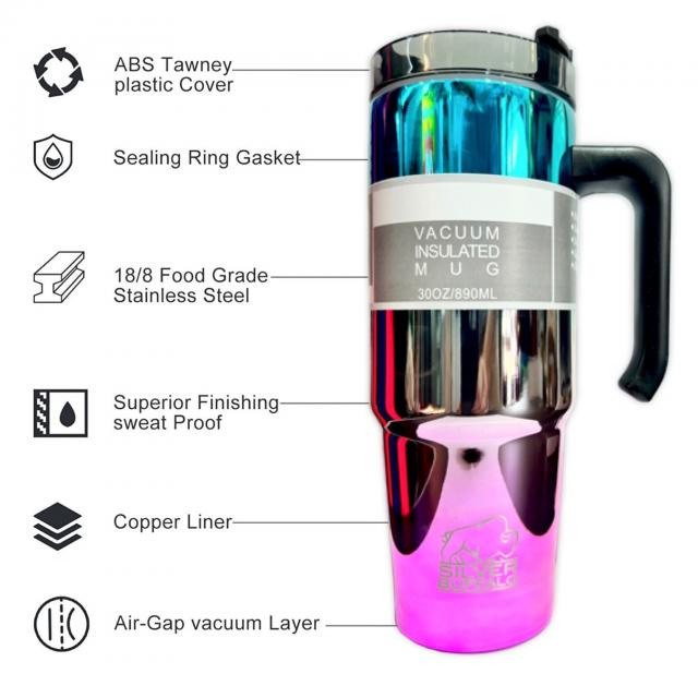 แก้วน้ำสแตนเลสเก็บอุหภูมิสีรุ้ง รุ่นมือจับ ความร้อนและเย็น 890ml