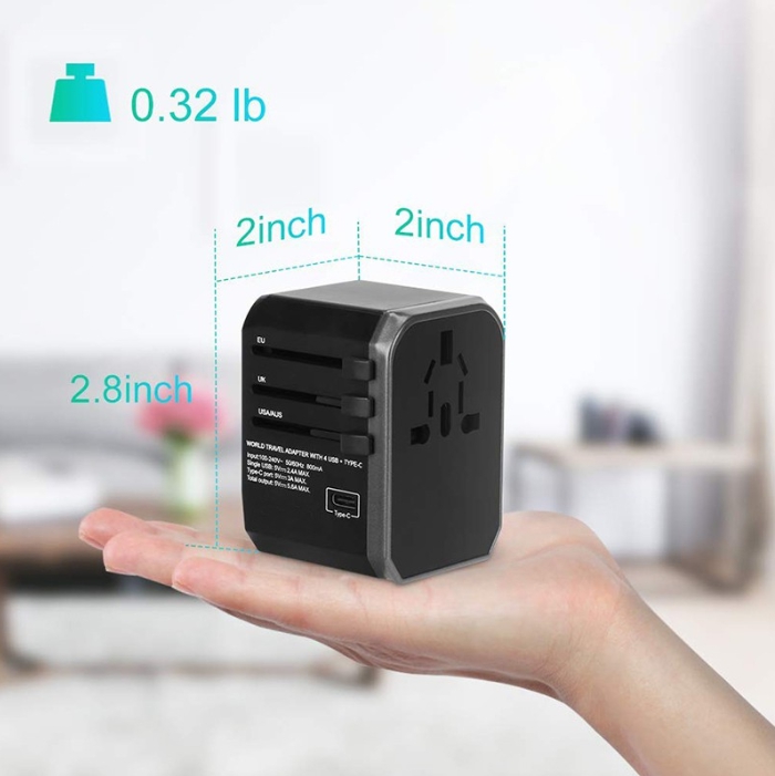 รับสกรีน ปลั๊ก Travel Universal Adapter 4 USB +1 Type-C 5V,3.0A ท่องเที่ยวปลั๊กแปลง ปลั๊กทั่วโลก