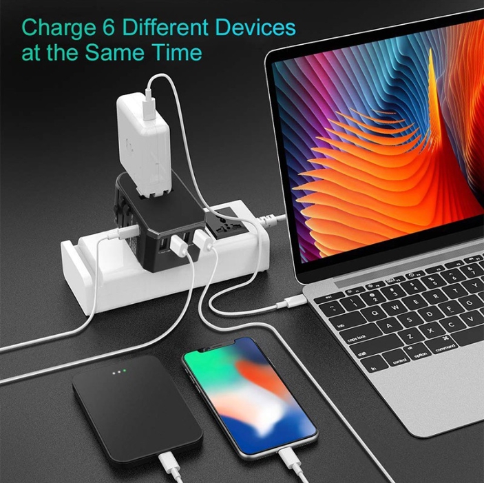 รับสกรีน ปลั๊ก Travel Universal Adapter 4 USB +1 Type-C 5V,3.0A ท่องเที่ยวปลั๊กแปลง ปลั๊กทั่วโลก