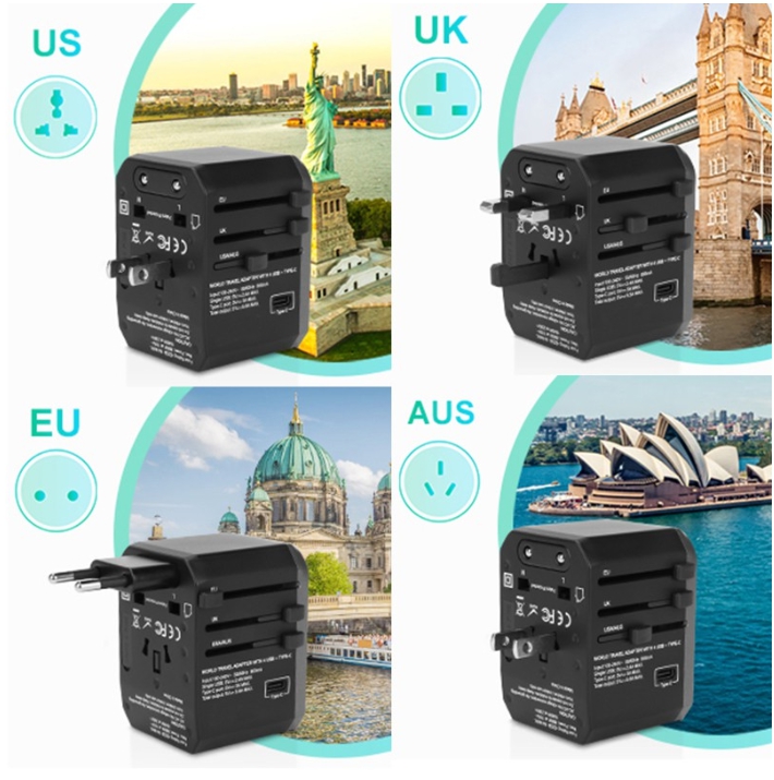 รับสกรีน ปลั๊ก Travel Universal Adapter 4 USB +1 Type-C 5V,3.0A ท่องเที่ยวปลั๊กแปลง ปลั๊กทั่วโลก