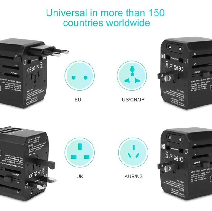 รับสกรีน ปลั๊ก Travel Universal Adapter 4 USB +1 Type-C 5V,3.0A ท่องเที่ยวปลั๊กแปลง ปลั๊กทั่วโลก