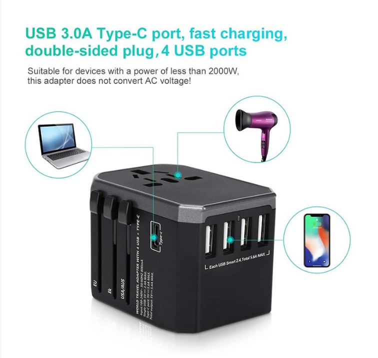 รับสกรีน ปลั๊ก Travel Universal Adapter 4 USB +1 Type-C 5V,3.0A ท่องเที่ยวปลั๊กแปลง ปลั๊กทั่วโลก