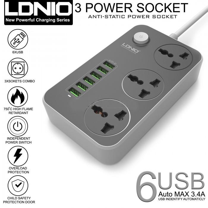 รับสกรีน ปลั๊กพ่วง LDNIO ปลั๊กไฟ 6 USB SC3604 ปลั๊กรางปลั๊ก 3 ช่อง+6 พอร์ต USB ปลั๊กสีดำ สหภาพยุโรป