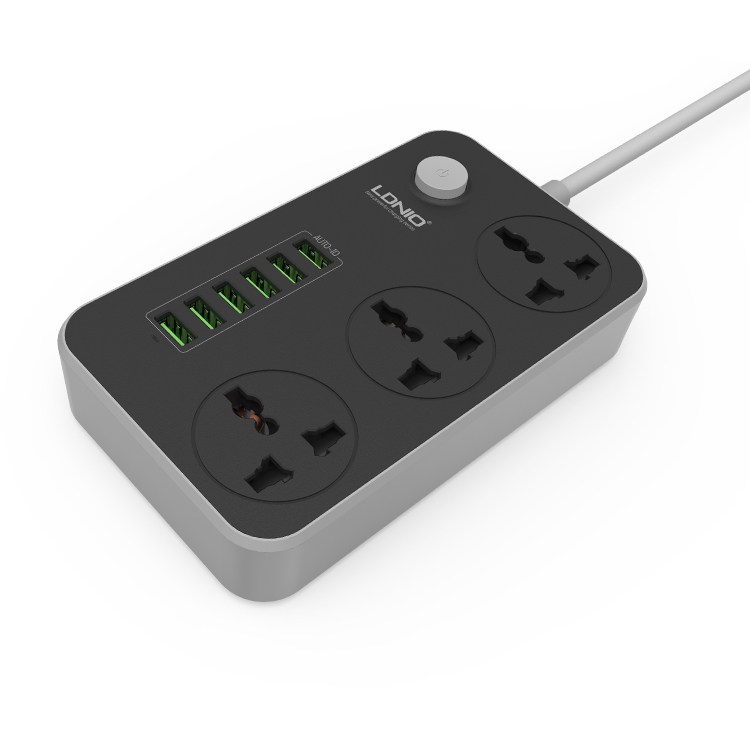 รับสกรีน ปลั๊กพ่วง LDNIO ปลั๊กไฟ 6 USB SC3604 ปลั๊กรางปลั๊ก 3 ช่อง+6 พอร์ต USB ปลั๊กสีดำ สหภาพยุโรป