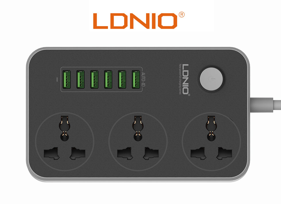 รับสกรีน ปลั๊กพ่วง LDNIO ปลั๊กไฟ 6 USB SC3604 ปลั๊กรางปลั๊ก 3 ช่อง+6 พอร์ต USB ปลั๊กสีดำ สหภาพยุโรป