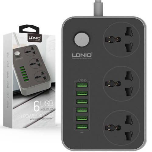 รับสกรีน ปลั๊กพ่วง LDNIO ปลั๊กไฟ 6 USB SC3604 ปลั๊กรางปลั๊ก 3 ช่อง+6 พอร์ต USB ปลั๊กสีดำ สหภาพยุโรป