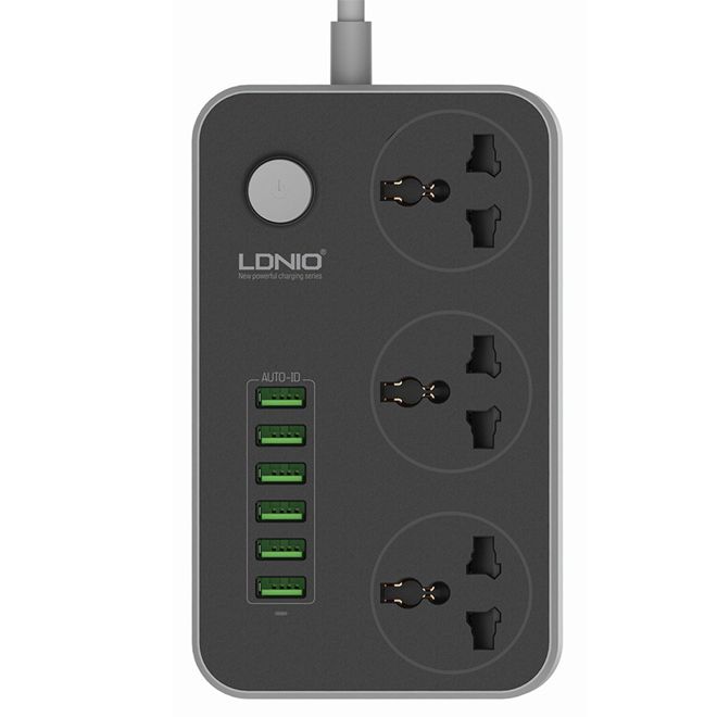 รับสกรีน ปลั๊กพ่วง LDNIO ปลั๊กไฟ 6 USB SC3604 ปลั๊กรางปลั๊ก 3 ช่อง+6 พอร์ต USB ปลั๊กสีดำ สหภาพยุโรป
