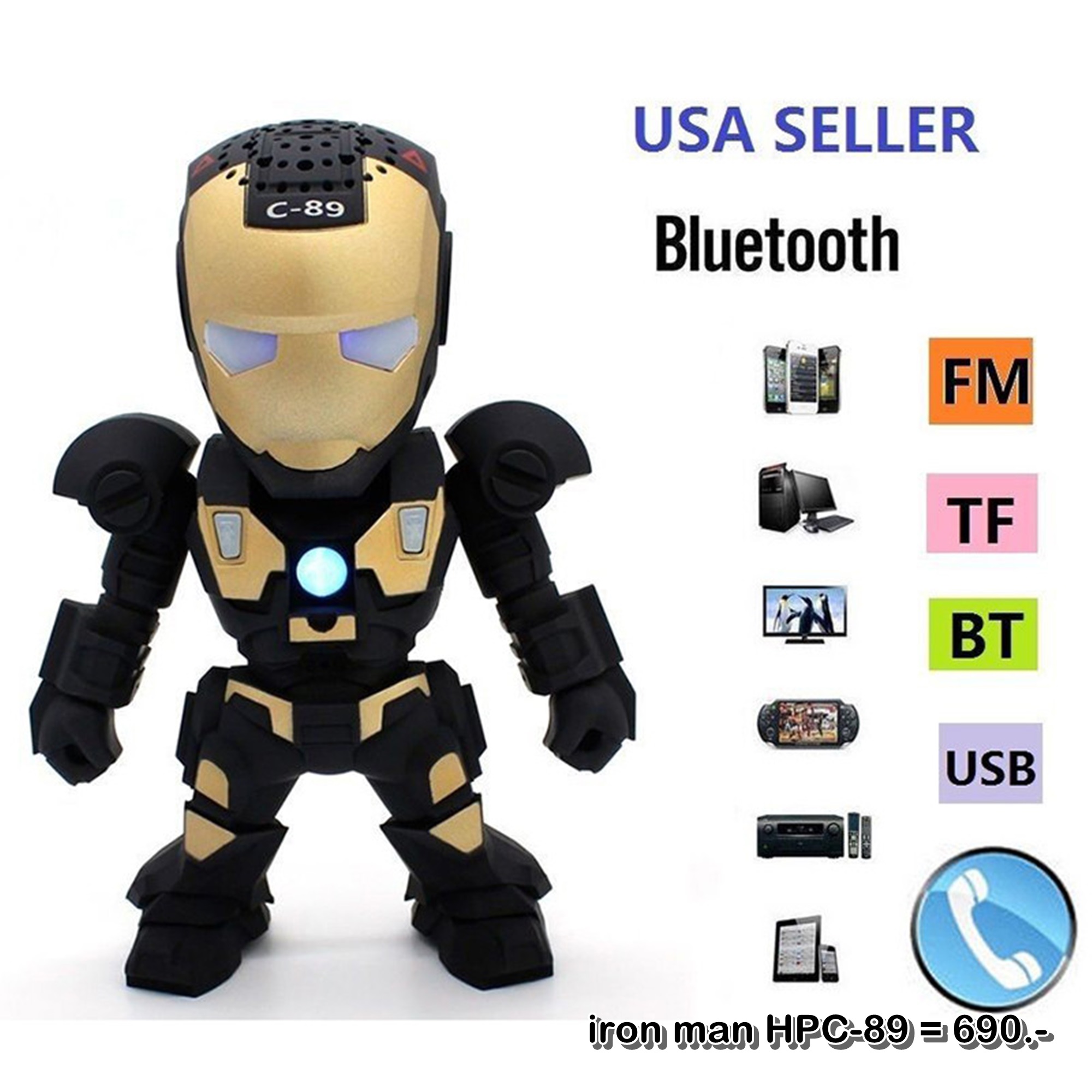 ลำโพงบลูทูธ Wireless Speaker Bluetooth ไร้สาย iron man Mini music Box HPC-89 สเตอริโอ ขนาดพกพา